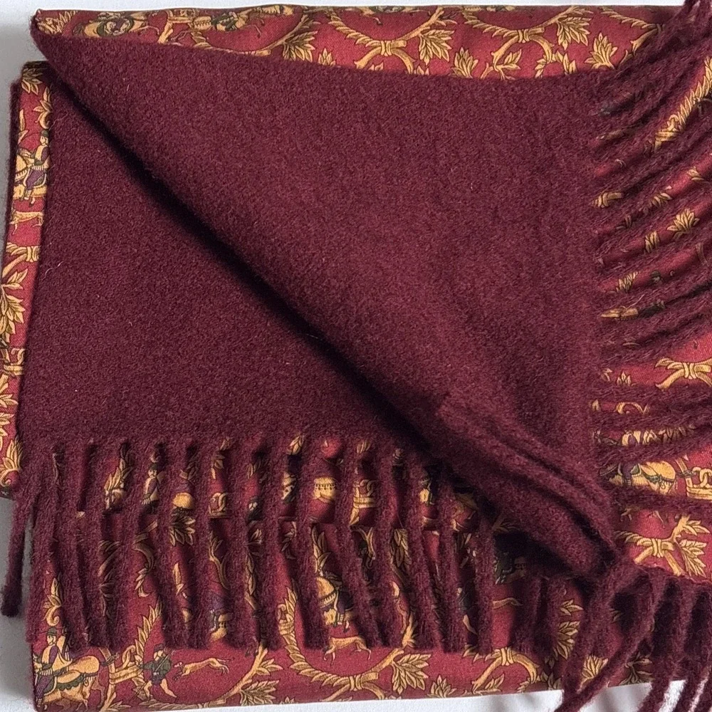 Salvatore Ferragamo Silk Cashmere Winter Scarf Mens Red Gold Italy Equestrian‎